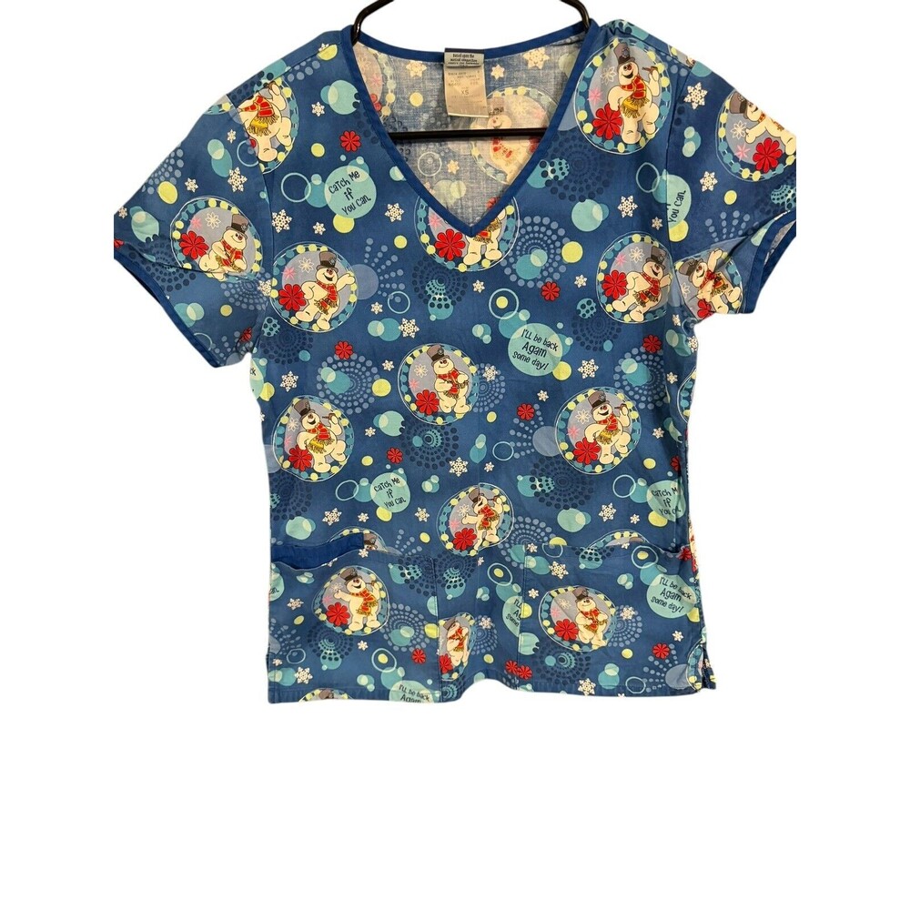 Frosty the Snowman Scrubs Women Top Size XS Nurse CNA Vet Winter Hoilday Shirt